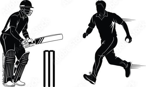 Vector illustration featuring black silhouette icons of a cricket batsman in stance and a bowler running to deliver a ball, perfect for sports designs.