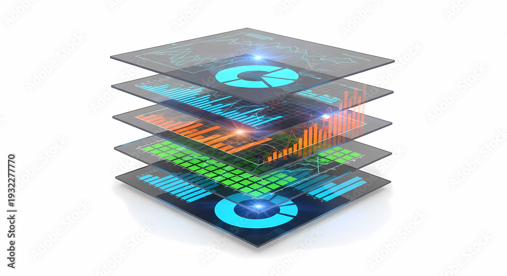 Fototapeta premium Stacked transparent layers displaying various digital data visualizations and business intelligence graphs.