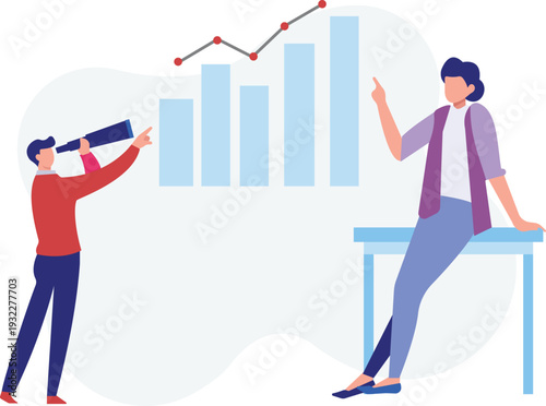 The boy is looking bar graph by using spyglass