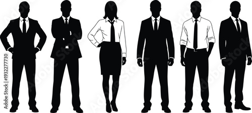 Vector illustration featuring diverse black silhouette business people and professionals in formal suits and office attire, including a musician with a guitar for creative industries.
