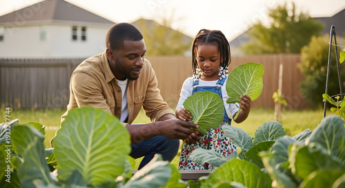 A man and a young girl picking fresh green vegetables together in a sunny vegetable garden behind their house