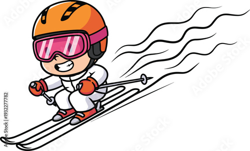 Vector illustration of a cute cartoon boy skiing down a snowy slope wearing a bright orange helmet and pink goggles, perfect for winter sports.