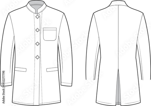 Men Traditional Long Coat Technical Drawing Vector Illustration, Ethnic Kurta Sherwani Fashion Flat Sketch Set