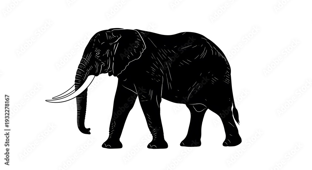 Fototapeta premium African Elephant Silhouette Walking Isolated on White Background, Majestic Wildlife
