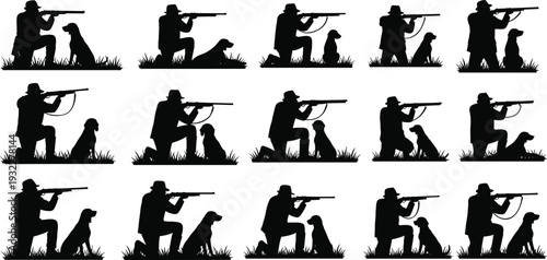Vector illustration set featuring black silhouette icons of a hunter in various kneeling poses aiming a shotgun with his loyal hunting dog in grass.