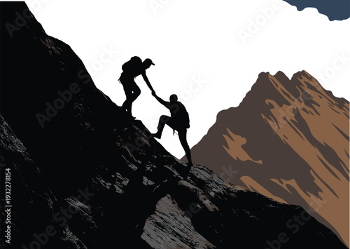 Mountain Climbing Adventure Silhouette Vector Illustration, Hikers Helping Each Other on Rocky Peak Summit Landscape
