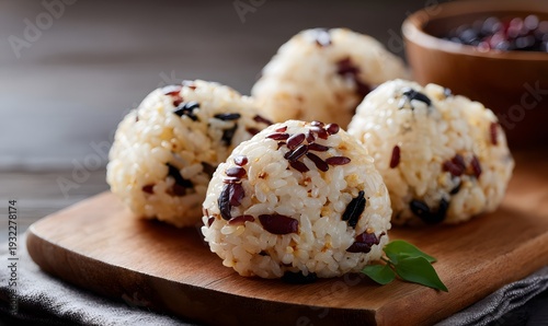 Large Japanese style round rice balls (Temari Onigiri), made of mixed grains and beans