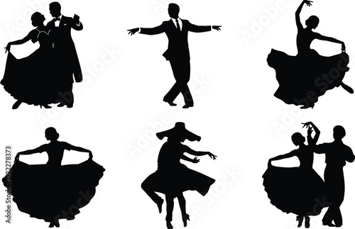 Vector illustration set featuring black silhouette icons of elegant ballroom dancers and traditional folk performers in various expressive poses for arts and culture designs.