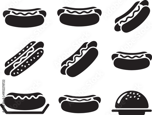 Set of black hot dog icons with various toppings on isolated transparent background