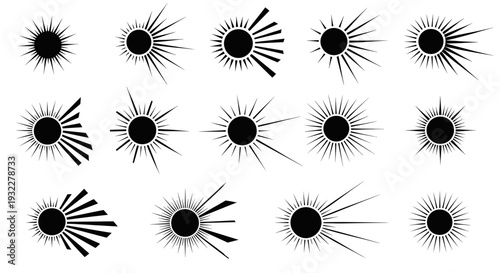 Abstract image of multiple sun designs, each with unique radiating rays. A collection of celestial bodies, perfect for design needs.
