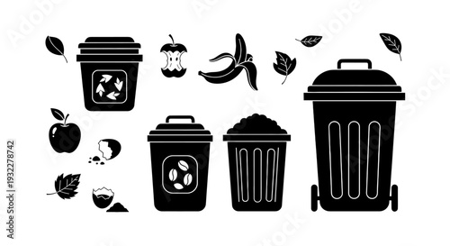 A collection of trash, food waste and recycling bins. The image represents the concepts of waste management, environmental responsibility and recycling