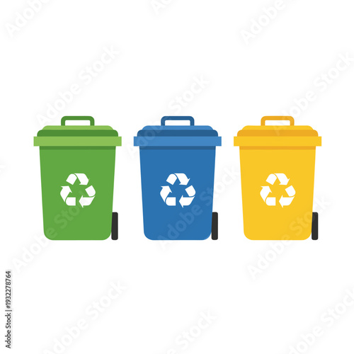 Three colorful recycle bins, each designated for specific waste, promoting environmental awareness and sustainable waste management. The bins feature the recycling symbol