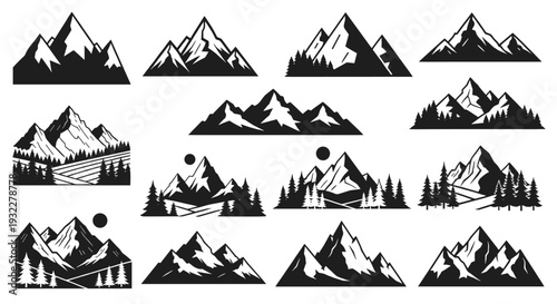 A collection of various detailed mountain illustration in black and white