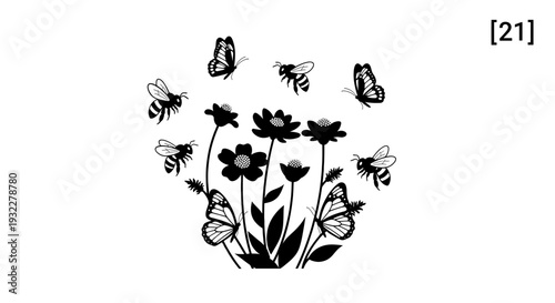 Bees and Butterflies circling a collection of flowers 