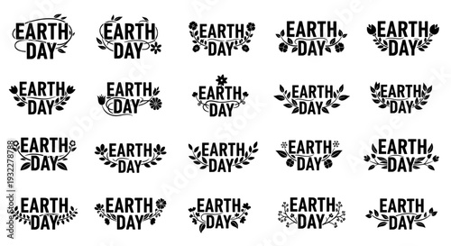 A variety of Earth Day designs in black and white, highlighting the beauty of nature. The designs feature the words Earth Day in different styles, surrounded by leaves and floral elements. 
