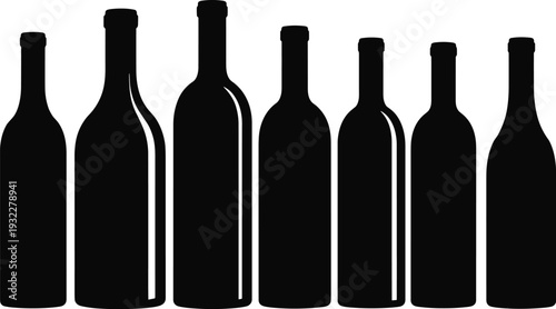 Wine Bottle Silhouette Collection Vector Set, Black Glass Alcohol Beverage Container Shapes Isolated Illustration