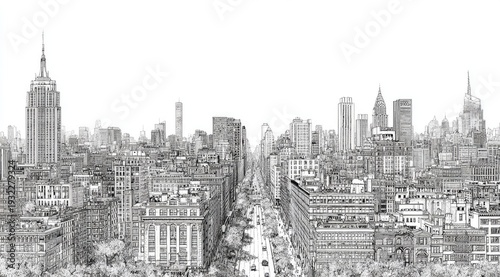Black and white hand-drawn depiction of New York City skyline.