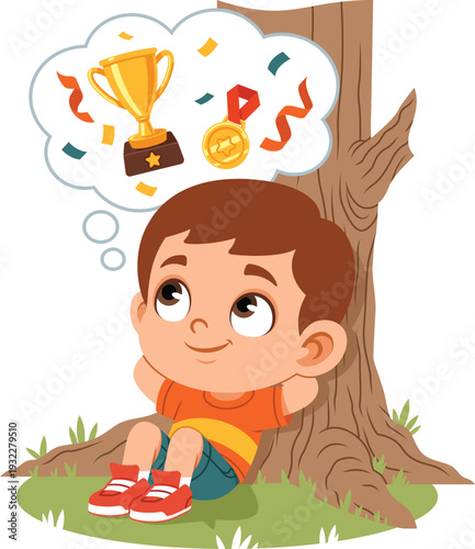 Daydreaming Boy Relaxing Under Tree Flat Cartoon Character