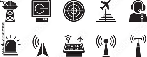 A collection of air traffic control and aviation communication flat vector icons.