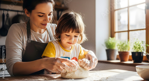A smiling woman and her toddler son getting their hands messy while kneading raw dough on a wooden table with flour dusting the air in a sunlit kitchen