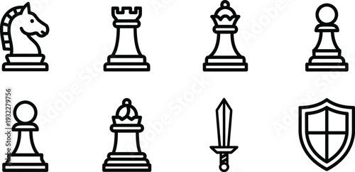 Chess pieces and sword icon set displayed in a grid layout on a simple background, viewed from directly above.
