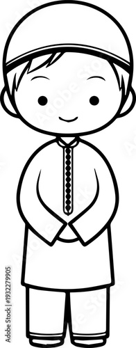 Smiling boy wearing traditional Muslim clothing and kufi cap