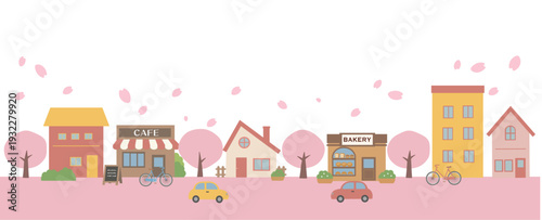 桜の木と家とカフェとベーカリーが並ぶ街並みのイラスト バナーイラスト　春のバナー