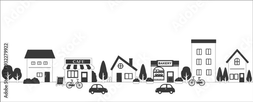 家とカフェとベーカリーが並ぶ街並みのイラスト バナーイラスト
