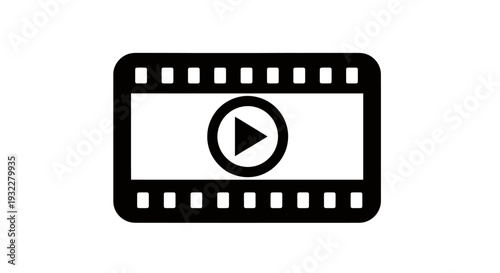 Descriptive filmstrip video icon with a central play button inside a bold black graphic.