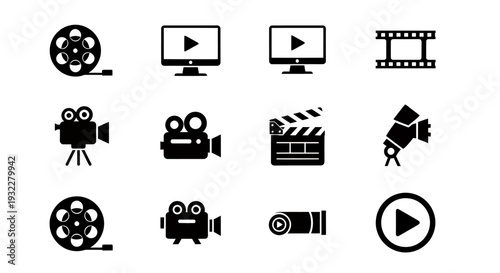 Iconic film and video production icons and symbols for cinema design and media projects.