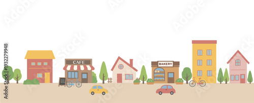 家とカフェとベーカリーが並ぶ街並みのイラスト バナーイラスト
