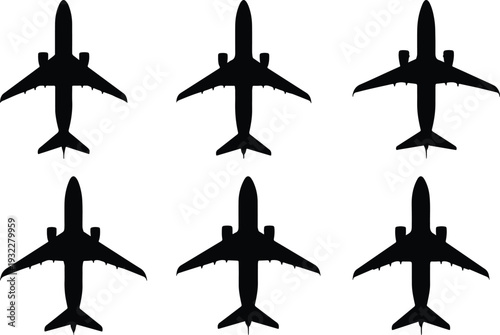 Top view silhouette of six identical commercial passenger airplanes arranged in two rows against a white background.