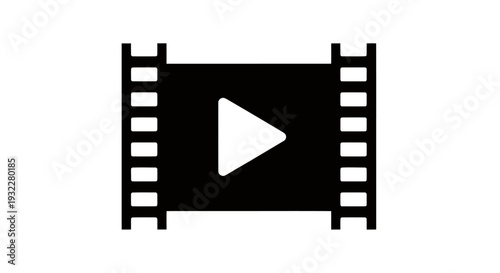 Monochrome filmstrip icon with play button representing video media.