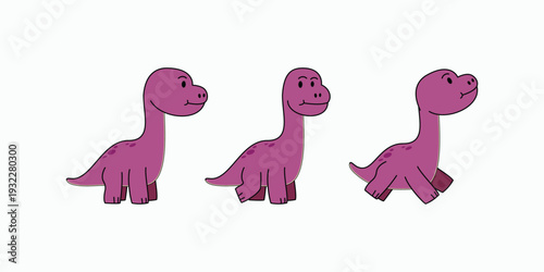 Cute purple brontosaurus character animation sprite sheet, cartoon dinosaur walking cycle isolated on white background
