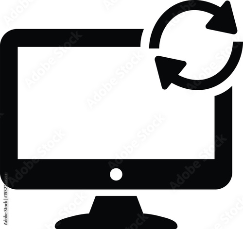 Black computer monitor with circular refresh arrows on white background screen reload