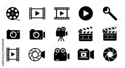Collection of film and camera themed icons featuring clapperboards, lenses, reels and magnifying glass.