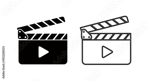 Two Black and White Film Clapperboards with Play Icons for Cinema and Video Graphics.