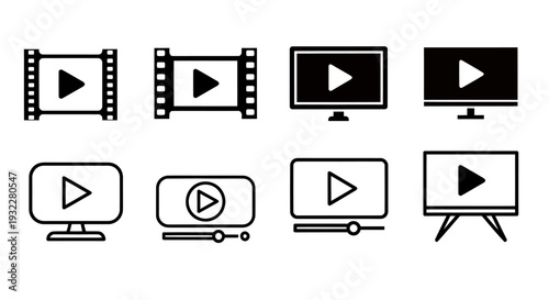 Collection of video player icons and filmstrip graphics for user interface design.