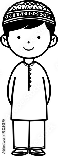 Smiling boy wearing traditional Muslim clothing and kufi cap