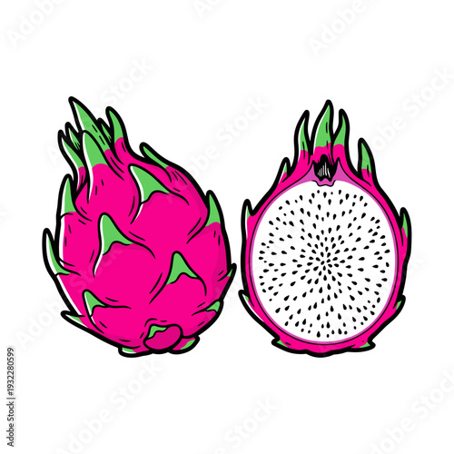 Dragon fruit with half showing speckled flesh in bold graphic vector illustration