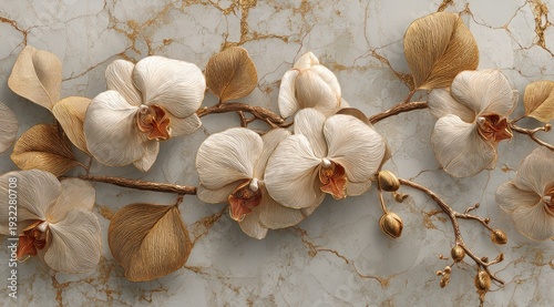 Floral pattern featuring white orchids and golden leaves on a marble backdrop.