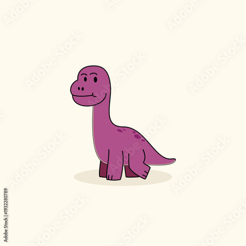 Cute purple brontosaurus dinosaur character in flat cartoon style, isolated on plain background for nursery and kids design