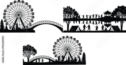 Vector illustration set featuring black silhouette landscapes with a large Ferris wheel, arched bridge, forest trees, park gazebos, and people camping in the outdoors.