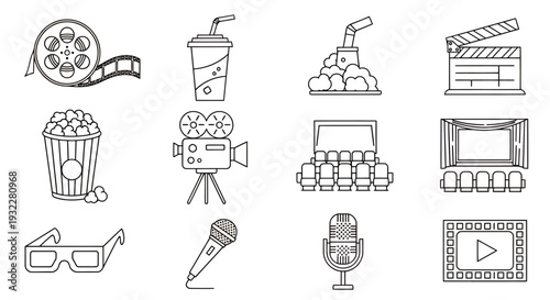 Doodle icon set featuring cinema, snacks, and audio gear like camera, microphone, clapperboard, popcorn and drinks.