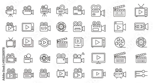 Dense grid of grayscale video and camera icons representing media symbols.