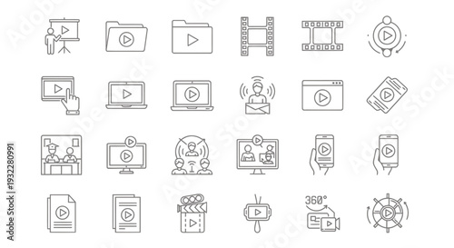 Collection of small outline icons representing diverse devices, tools, and everyday objects in a grayscale vector style.