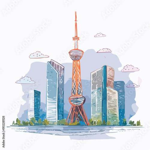 Modern Cityscape with Tall Buildings and a Distinctive Tower, Evoking a Sense of Urban Development and Architectural Innovation