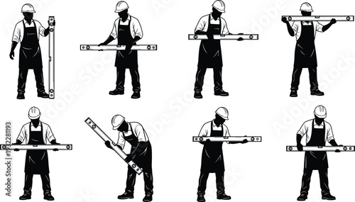 Vector illustration set of black silhouette icons featuring a male construction worker wearing a hard hat and apron while using a spirit level tool.