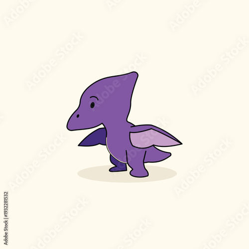 Adorable purple pteranodon flying dinosaur character in a flat cartoon style, perfect for children's books, nursery wall art, and prehistoric vector patterns