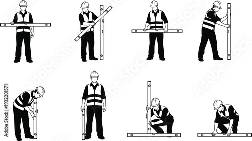 Vector Illustration Set of Construction Worker Silhouettes Using Spirit Levels to Measure Accuracy Representing Building Trades Engineering Site Safety Manual Labor and Professional Carpentry